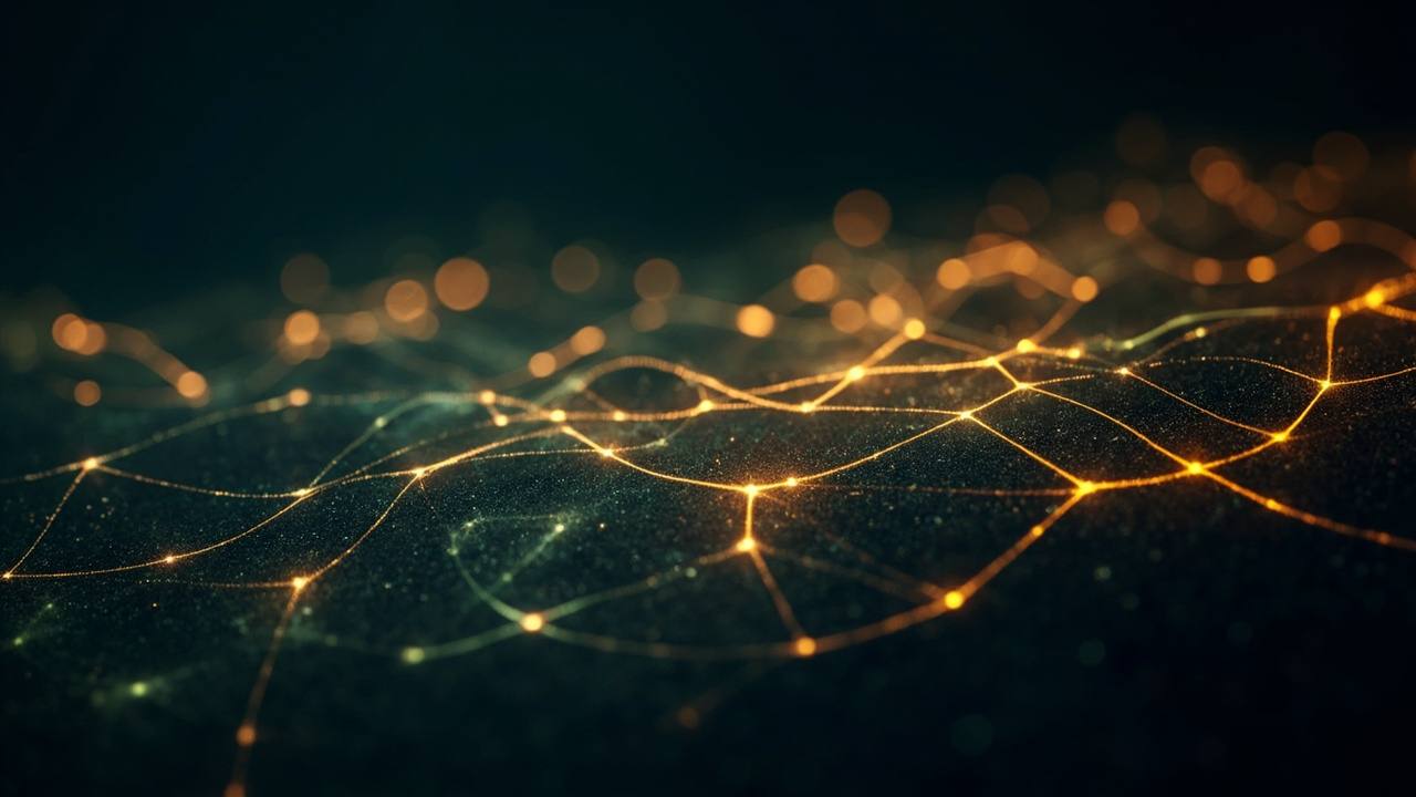Visualización de una red de automatización: nodos conectados que fluyen de forma continua